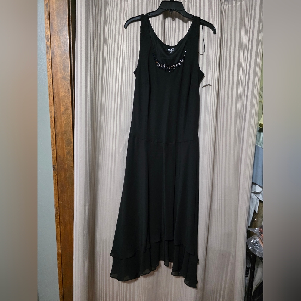SLNY Black High Low Dress with Embellished Neckline